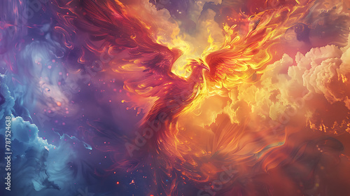 The central figure is a majestic phoenix, a legendary bird associated with rebirth and immortality. Its wings are outstretched, displaying intricate feather patterns. photo
