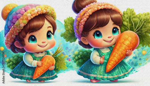 OIL PAINTING STYLE CARTOON CHARACTER CUTE BABY hold CARROT isolated on white background  top view