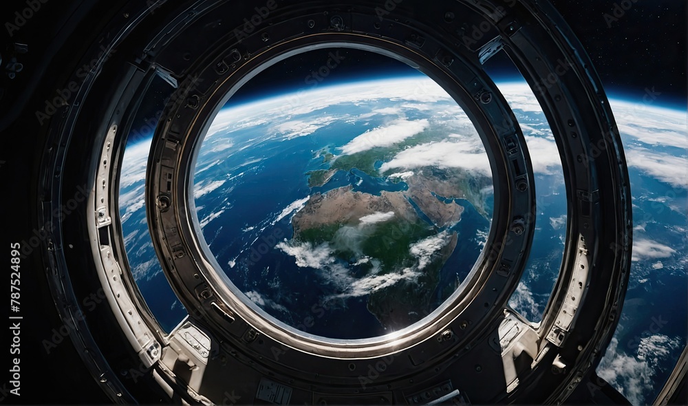 A view of the Earth from the porthole of the spaceship, where instead of clouds the gala