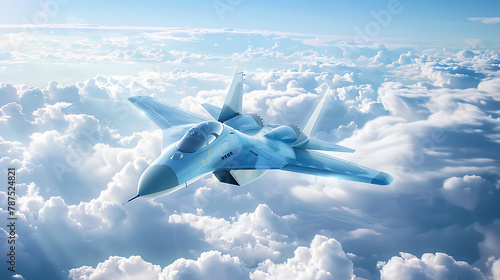  The main subject is a fighter jet painted in a light blue color, blending seamlessly with the sky.