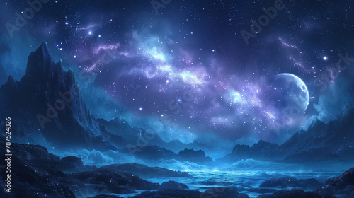 Night landscape with a planet against the background of the starry sky. Deep space and mountain landscapes under the light of the moon, cosmic sky, nebula. 
