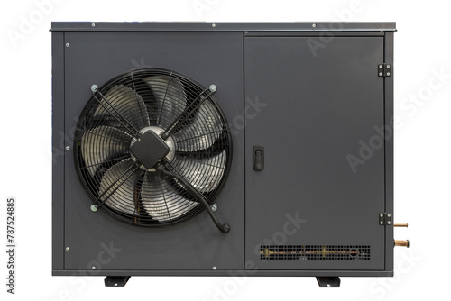 Gray outdoor industrial air conditioner unit compressor isolated on a transparent background