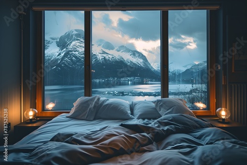 Hotel bedroom with view of snowy mountains at dusk. Sleep tourism trend. Healthy living concept. Travel and adventure. Health and wellness. Design for banner, poster