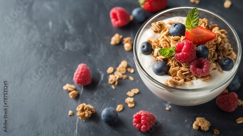 granola berries and yogurt, berries and yogurt closeup, fresh healthy yogurt, healthy food, health concept, fresh and healthy breakfast, breakfast for healthy food
