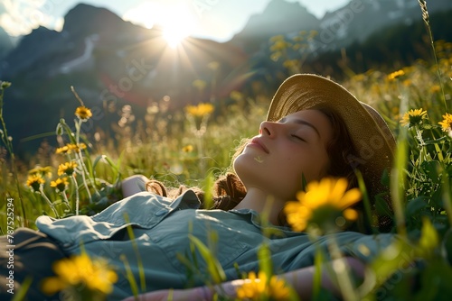 Fototapeta Naklejka Na Ścianę i Meble -  Woman resting in a flower field at sunset. Sleep tourism trend. Healthy living concept. Travel and adventure. Health and wellness. Design for banner, poster