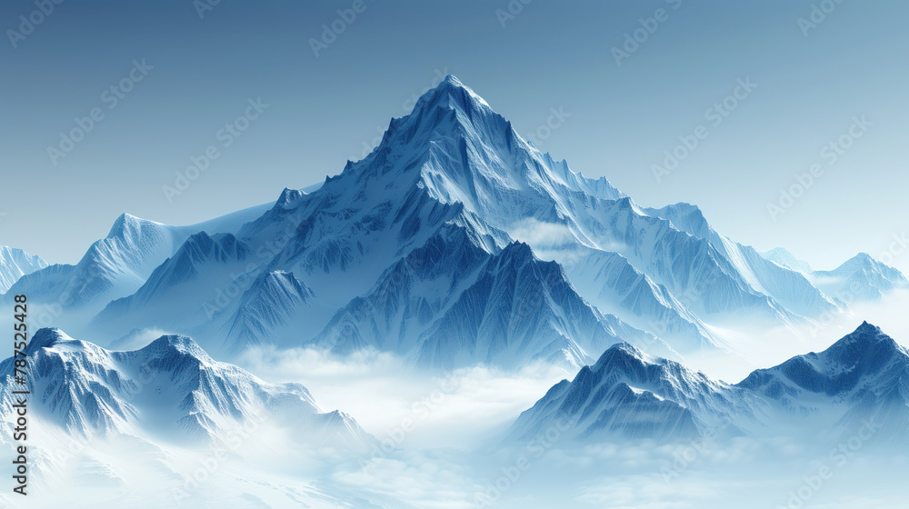 Mountains covered with snow against a blue sky. Snow-capped peaks and mountain tops in the clouds Mountains covered with snow against a blue sky. Snow-capped peaks and mountain tops in the clouds