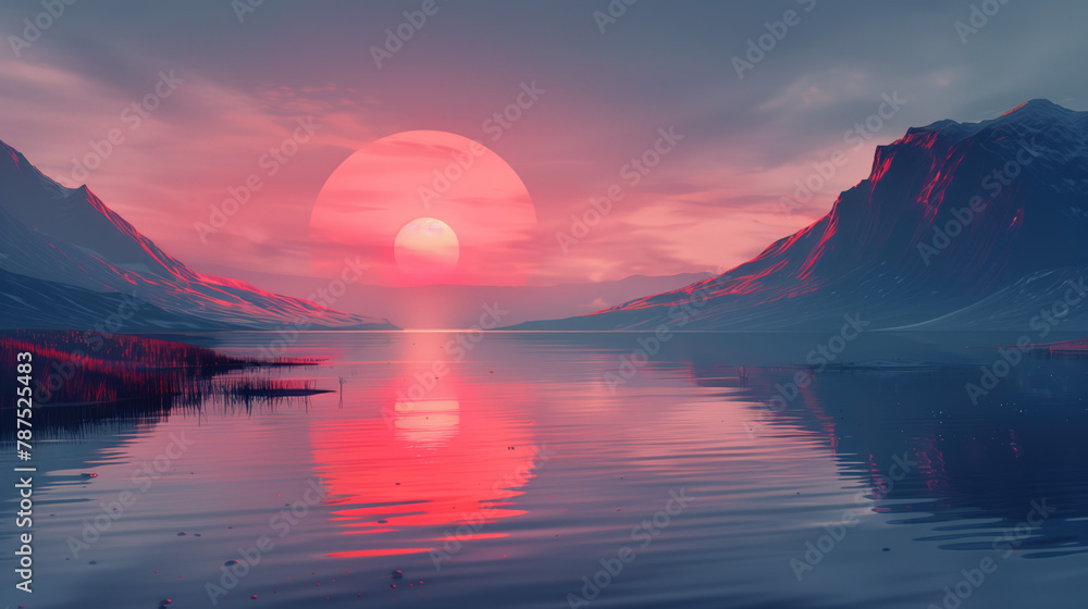 Pink sunset over a mountain lake