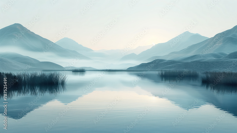 Calm mountain landscape with reflection in the lake at dawn. Foggy morning on the lake with a view of the misty mountains. Calm mountain landscape with reflection in the lake at dawn. Foggy morning on the lake with a view of the misty mountains.