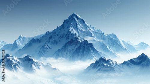 Mountains covered with snow against a blue sky. Snow-capped peaks and mountain tops in the clouds