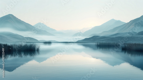Calm mountain landscape with reflection in the lake at dawn. Foggy morning on the lake with a view of the misty mountains.
