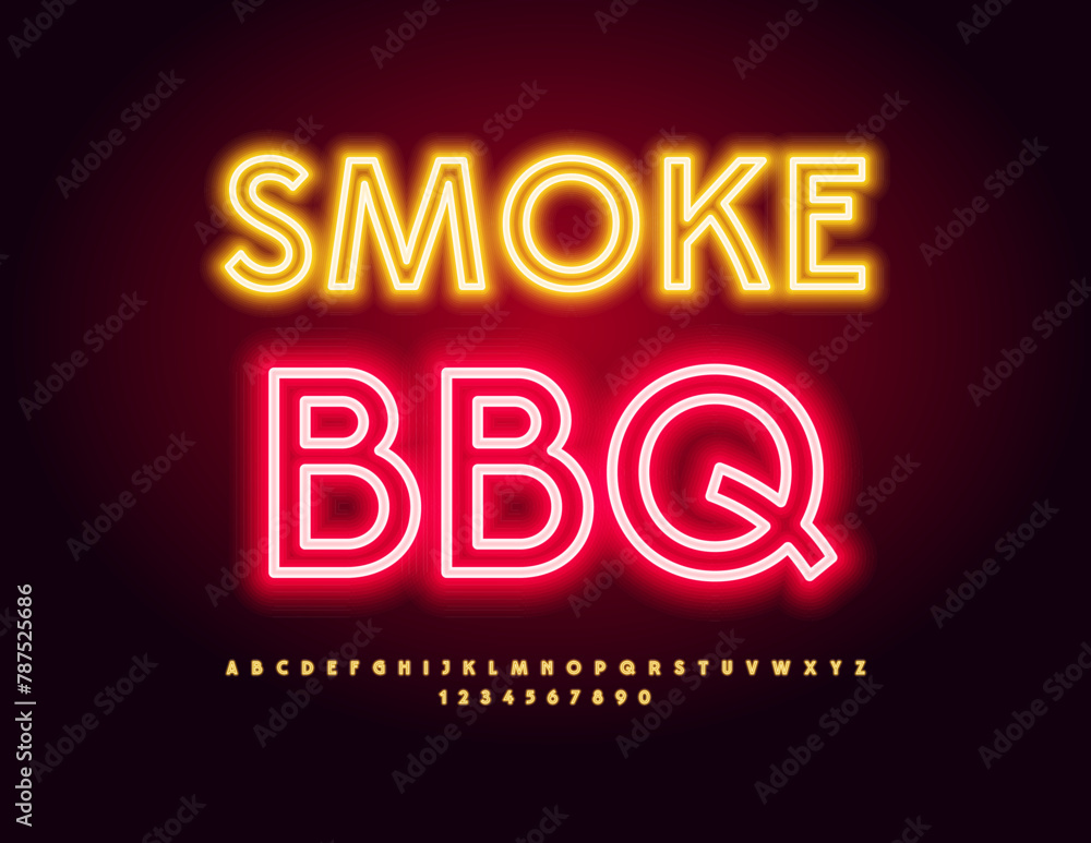 Vector glowing emblem Smoke BBQ. Yellow Neon Font. Light tube Alphabet Letters and Numbers set.
