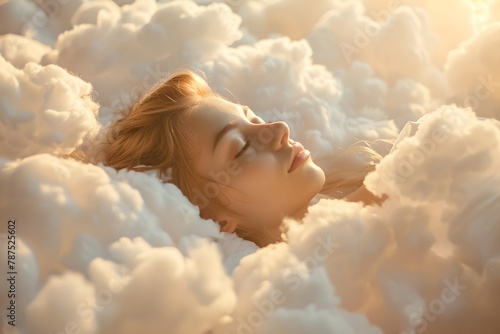 Woman sleeps on clouds. Dream and fantasy. Healthy living concept. Relaxation and sleep. Health and wellness. Design for banner, poster