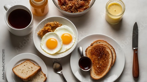 Well-Balanced Breakfast: Egg, Bread, Jam, Butter, Milk, Honey, Coffee Mug, and Glass of Milk on White Background