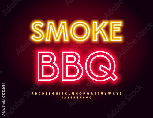 Vector glowing emblem Smoke BBQ. Yellow Neon Font. Light tube Alphabet Letters and Numbers set.