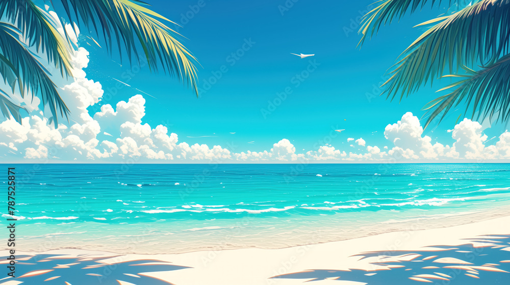 Tropical beach with bright blue sea and white sand