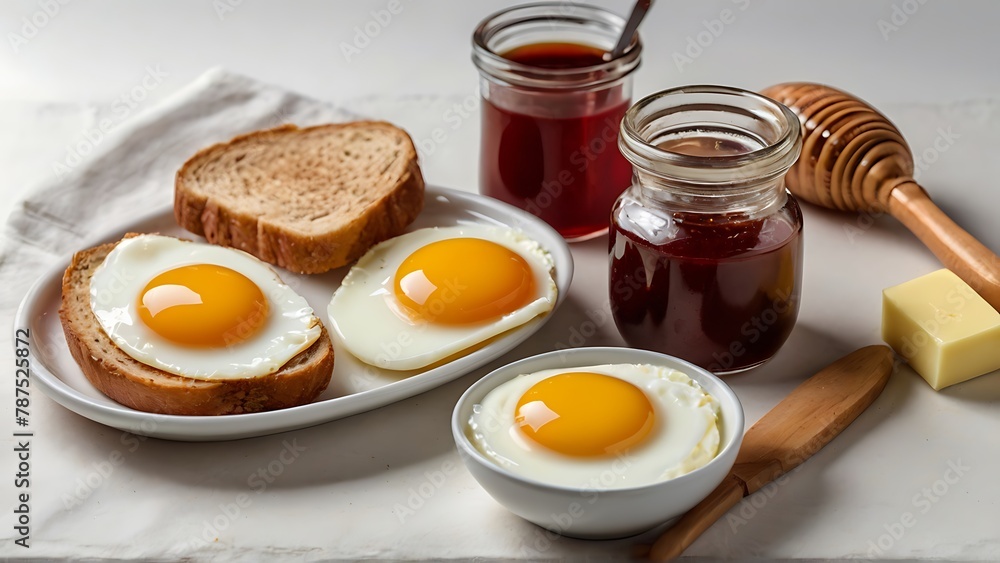 Healthy Morning Feast: Egg, Bread, Jam, Butter, Milk, Honey, Coffee Mug, and Glass on White Background Healthy Morning Feast: Egg, Bread, Jam, Butter, Milk, Honey, Coffee Mug, and Glass on White Background