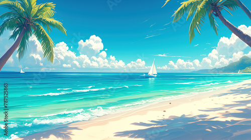 Illustration with seascape  white sand and green palm trees.