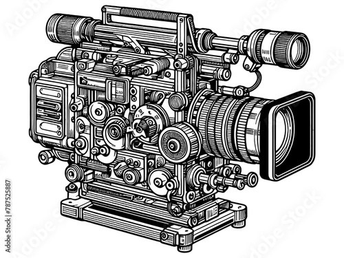 Old video camera with a complex mechanism. Sketch board imitation. Vector, generative ai.