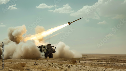 A military vehicle equipped with a multiple launch rocket system is positioned on flat, arid land.