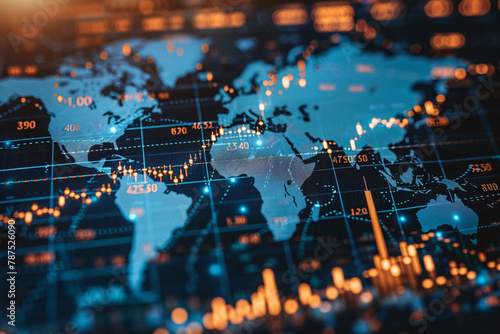 World finance map with stock charts and graphs, globalization, global trade, world finance, msci world concept photo