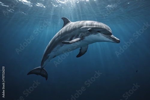 A captivating depiction of aquatic life, featuring a dolphin gracefully navigating through water. © Andrey