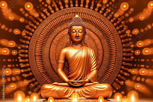 A gold statue of a Buddha is sitting on a table. photo