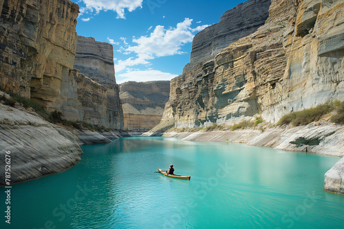 A kayaker in a vibrant orange kayak paddles through a serene blue canyon's waterways, the sunlight casting a warm glow on the towering rock faces.