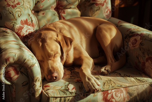 A golden retriever dozes off in the warm sunlight, stretched out on a charming floral armchair, capturing a moment of pure bliss.