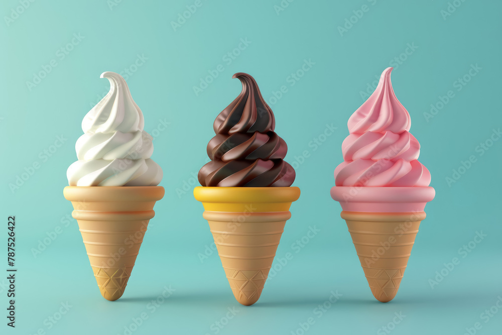 set of three dimensional ice cream cones with swirling flavors on a turquoise backdrop set of three dimensional ice cream cones with swirling flavors on a turquoise backdrop