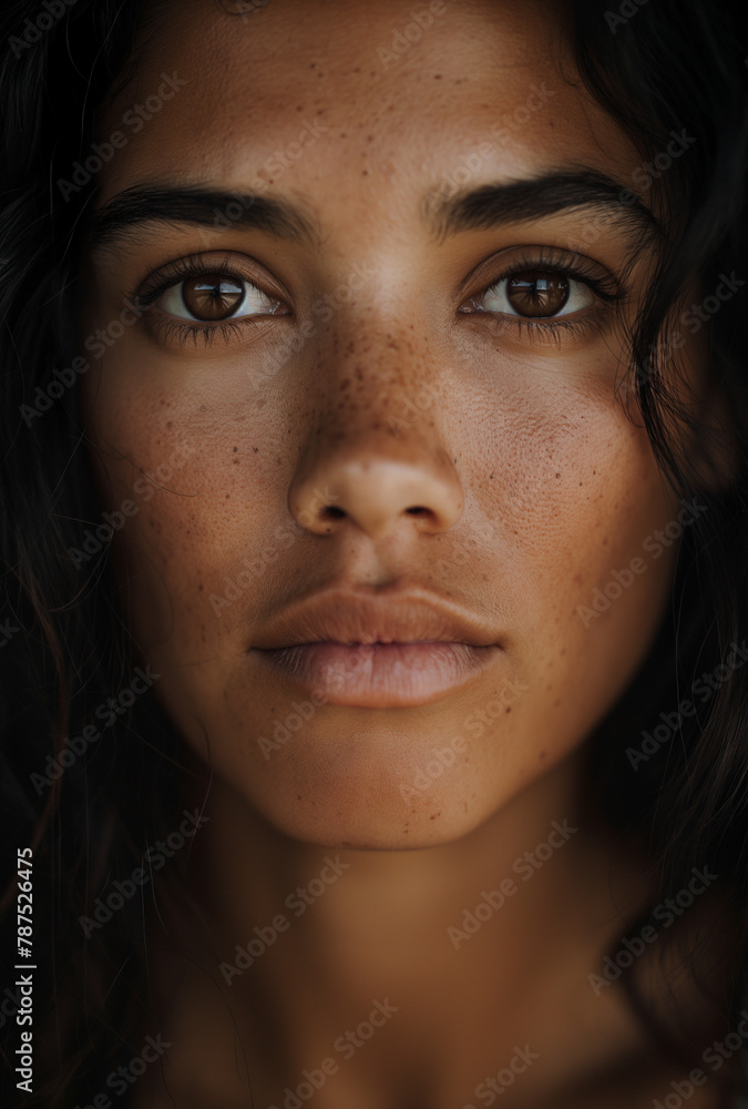 A thought-provoking portrait of a young woman, her profound gaze accentuated by a dusting of freckles, encapsulating a moment of silent introspection. A thought-provoking portrait of a young woman, her profound gaze accentuated by a dusting of freckles, encapsulating a moment of silent introspection.