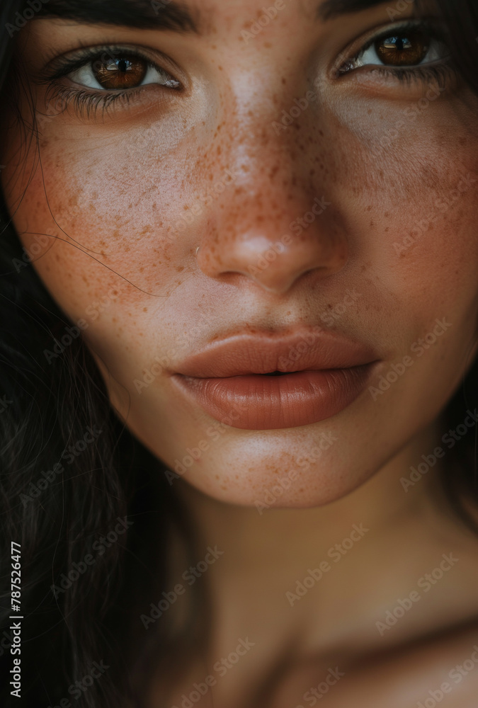An up-close look at a young woman with captivating brown eyes and a constellation of freckles, her expression a blend of curiosity and confidence. An up-close look at a young woman with captivating brown eyes and a constellation of freckles, her expression a blend of curiosity and confidence.