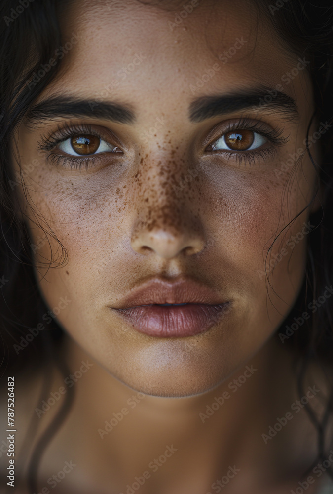 A serene portrait of a young woman, her face a canvas of natural freckles, with a soft yet penetrating gaze that conveys a narrative of quiet strength. A serene portrait of a young woman, her face a canvas of natural freckles, with a soft yet penetrating gaze that conveys a narrative of quiet strength.