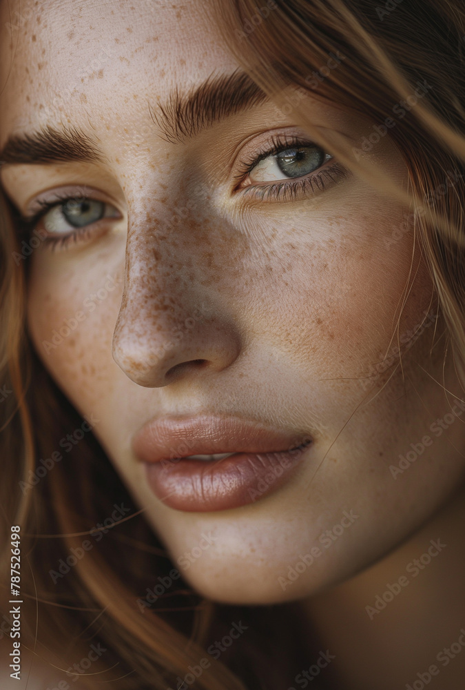 This intimate portrait features the soulful stare of a freckled woman, her natural allure and thoughtful expression highlighted by subtle light. This intimate portrait features the soulful stare of a freckled woman, her natural allure and thoughtful expression highlighted by subtle light.