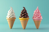 set of three dimensional ice cream cones with swirling flavors on a turquoise backdrop