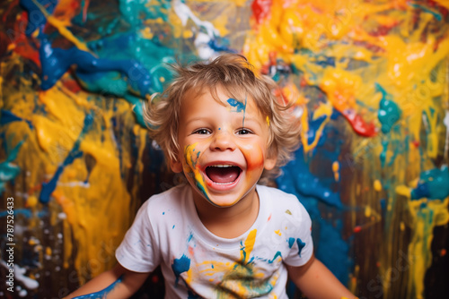 An ecstatic young boy laughs heartily with his face playfully marked with colorful paint splatters  evoking a sense of fun and creativity against an abstract  vibrant backdrop.