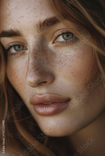 This intimate portrait features the soulful stare of a freckled woman, her natural allure and thoughtful expression highlighted by subtle light.