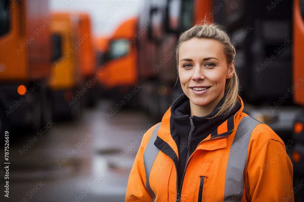 A cheerful logistics expert in high-visibility gear stands confidently in a commercial trucking yard, showcasing her role in the industry.