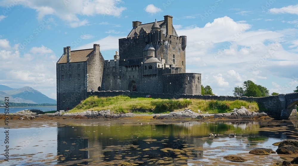 Explore the castles rich history with a private guided tour learning about the lives of its past inhabitants and the events that shaped its architecture. 2d flat cartoon.