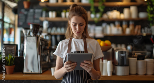 A focused female barista in an apron attentively uses a digital tablet amidst the cozy ambiance of a modern cafe.