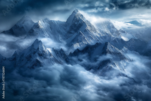 Majestic mountain peaks soar into a misty sky, creating an enigmatic and otherworldly alpine landscape, bathed in ethereal blue tones.