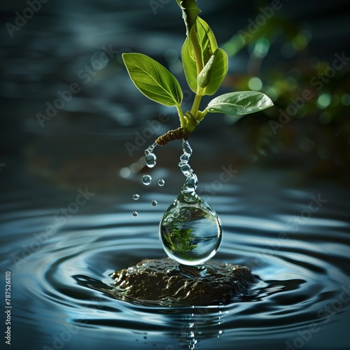 Green branch with water drops on a nature background.