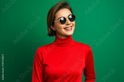 A woman's joyful expression shines through, complemented by chic aviator sunglasses and a vivid red top, set against a rich green backdrop.