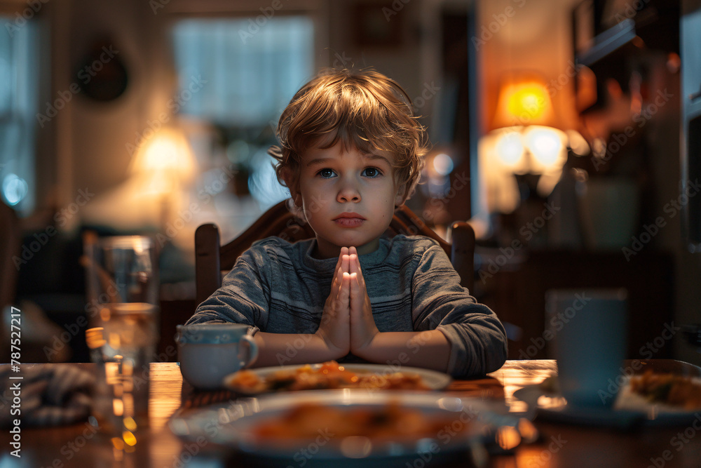 A young boy praying at the dinner table, blessing the food concept A young boy praying at the dinner table, blessing the food concept