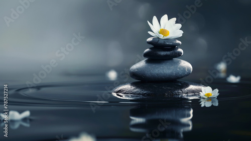 Dark Misty Zen Pebbles with White Flower in Water Banner Copy Space