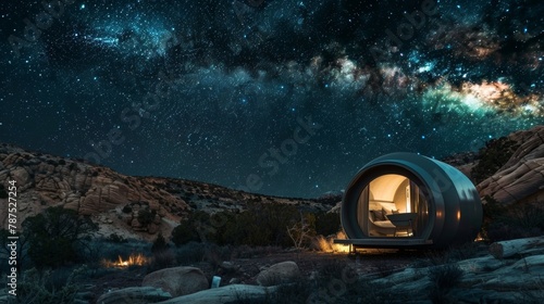 A minimalist yet inviting pod tucked away in a remote wilderness offering unmatched views of the starry night and the chance to fall asleep under a blanket of stars. 2d flat cartoon.