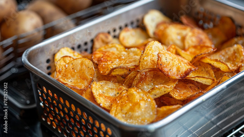 Deep fried homemade potato chips in a fryer basket.