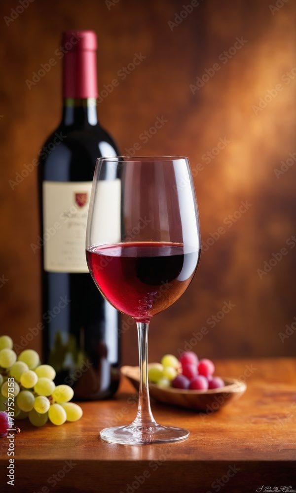 Fototapeta premium Bottle and glass of red wine and a bunch of grapes on a wooden table.