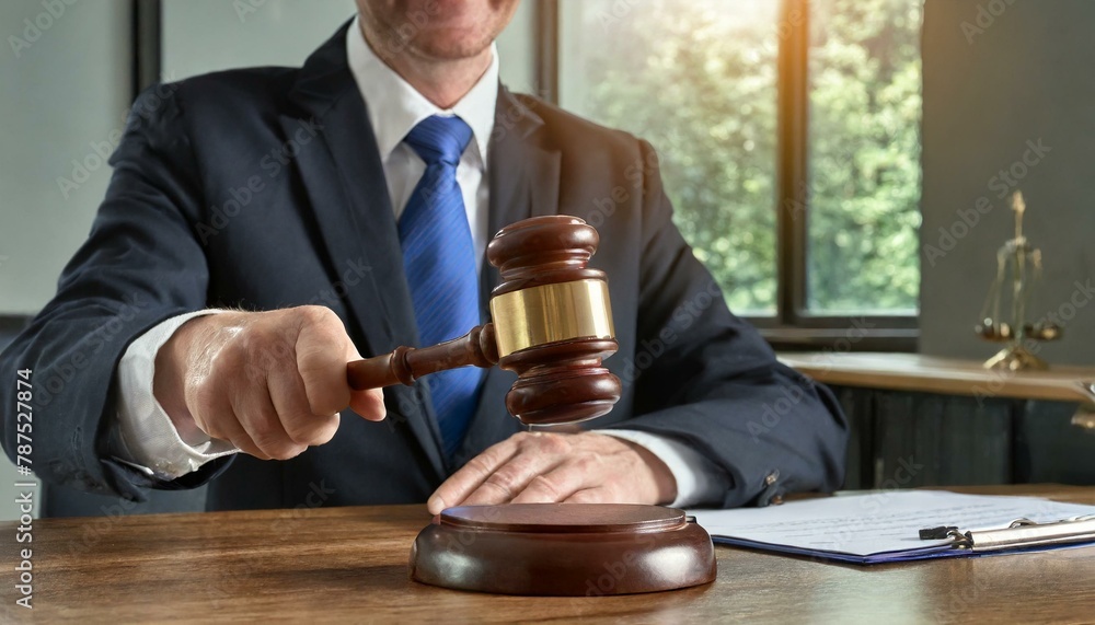 Judge slamming the Gavel - Making Judgement - Ending the Court Process - Judge sitting at Courtroom Table Judge slamming the Gavel - Making Judgement - Ending the Court Process - Judge sitting at Courtroom Table