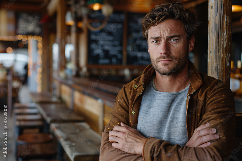 Portrait of a handsome rugged man standing in a bar during the day, bar owner concept