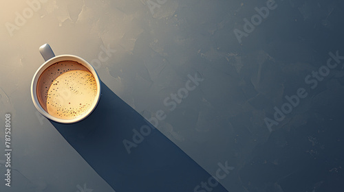 Cup of coffee on a dark background with a long shadow.  Minimalistic image of a cup of coffee. photo